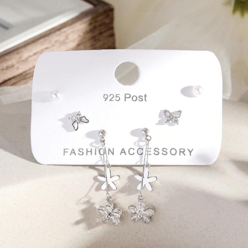 *[3 Pairs] 925 Sterling Silver Flower Earrings Q - Picture 4 of 7
